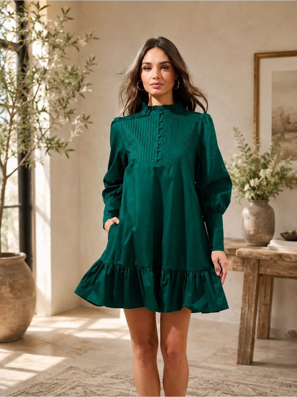 Emerald Green Beacher Pintuck Shift Dress - Picture 2 of 8